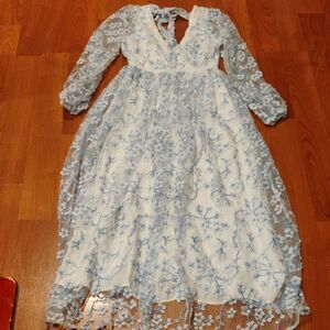 Just Me Blue Floral Lace  Women's Maxi Dress Size Small